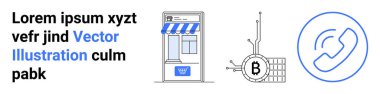 Metin tutucu, mavi tenteli bir dükkan, devreli Bitcoin sembolü ve telefon sembolü. E-ticaret, engelleme teknolojisi, müşteri desteği, fintech, iş uygulamaları, teknoloji için ideal