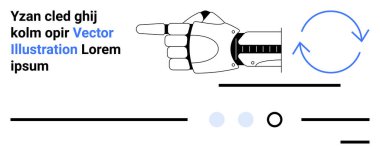Dairesel oklarla, siyah metinlerle ve mavi metinlerle gösterilen robot el. Teknoloji, robot bilimi, yön, gelecek, yapay zeka, rehberlik, kullanıcı arayüzü için ideal. İniş sayfası