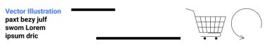 Dairesel bir okun, yatay çizgilerin ve metin bloklarının yanında tekerlekleri olan alışveriş arabası. E-ticaret, navigasyon, geri dönüşler, perakende, çevrimiçi alışveriş, işlemler, tüketici davranışları için ideal