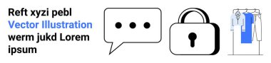 Üç noktalı konuşma balonu ikonu, asma kilitli siyah asma kilit ve asma elbiseli gardırop. İletişim, güvenlik, moda, çevrimiçi mahremiyet, sosyal medya e-ticaret web tasarımı için ideal. İniş sayfası