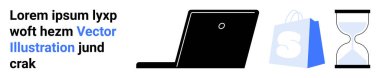 Dizüstü bilgisayar, satış sembollü alışveriş çantası ve kum saati teknolojiyi temsil ediyor, online alışveriş ve zaman yönetimi. E-ticaret, verimlilik, teknoloji, alışveriş ve iş için ideal. İniş sayfası