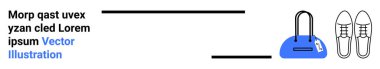 Siyah ve mavi metin tutuculu beyaz arka plan. Minimum vektör öğeleri arasında etiketli bir el çantası ve günlük ayakkabılar var. Seyahat, moda, minimalizm, markalaşma, dijital tasarım için ideal