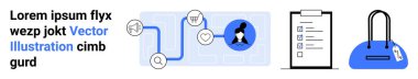 Çeşitli noktaları birleştiren kullanıcı profili yolu, panodaki kontrol listesi, mavi çanta. Kullanıcı yolculuğu, kontrol listesi yönetimi, alışveriş, organizasyon, planlama UIUX tasarımı için ideal. İniş sayfası