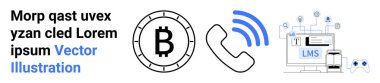 Bitcoin para sembolü, sinyal dalgalı telefon alıcısı ve öğrenme yönetim sistemi. Kripto para birimi, engelleme zinciri, iletişim, teknoloji, eğitim, finans, ağ teması için ideal. İniş