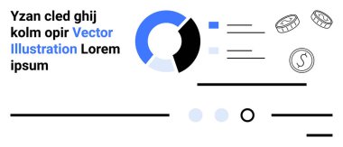 Siyah, mavi segmentli turta grafiği mavi kare ve daire şeklinde para birimi sembolleri çiziyor. İş, finans, analitik, raporlar, gösterge panelleri, sunumlar, pazarlama, veriler için idealdir. İniş sayfası