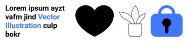Kalp şekli, saksı bitkisi ve yer tutucu metnin yanında mavi asma kilit sembolü. Web tasarımı, dijital içerik, markalaşma, güvenlik temaları, çevrimiçi mağazalar, bültenler ve sosyal medya için ideal. Pankart