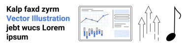 Çubuk ve çizgi grafikleri olan veri analizi paneli, yaratıcılığı sembolize eden müzik notası ve yukarı bakan oklar. Ticari büyüme, veri analizi, yaratıcılık, ilerleme, strateji, başarı, iniş sayfası için ideal