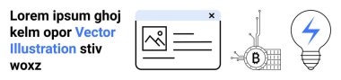 Fotoğraf simgesi ve metin içeren web sayfası düzeni, devreyle bağlı Bitcoin sembolü, mavi yıldırımlı elektrik ampulü. Teknoloji blogları, finans, yenilik, eğitim, dijital pazarlama, İnternet için ideal