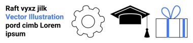 Mezuniyet şapkası, vites sembolü ve hediye kutusu çeşitli öğrenme ve geliştirme temalarını özetliyor. Eğitim, başarı, mesleki gelişme, yenilik, bilgi paylaşımı, kariyer büyümesi için ideal