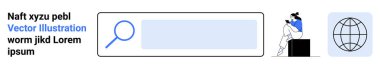 Arama çubuğu içinde büyüteç simgesi, dizüstü bilgisayarda çalışan kişi, dünya sembolü. Arama motorları için ideal, çevrimiçi araştırma, İnternet gezme, eğitim kaynakları, kullanıcı arayüzü tasarımı, bilgi