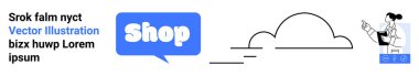 Bulut simgesi ve konuşma balonu. Dükkan metni kadın işçi karakterinin yanında. Çevrimiçi alışveriş, e-ticaret, dijital hizmetler, bulut depolama, müşteri desteği için ideal. İniş sayfası için pankart