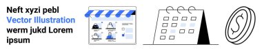 E-ticaret mağaza önü web sayfası, tarih slotları ve bozuk para üçgeniyle takvim. Çevrimiçi alışveriş, zamanlama, mali planlama, dijital pazarlama, iş stratejisi, zaman yönetimi için ideal