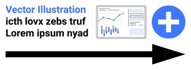 Büyüme analizli grafiksel veri tablosu, mavi tıbbi haç sembolü, ilerlemeyi gösteren siyah ok. Sağlık teknolojisi, veri analizi, tıbbi araştırma, iş büyümesi, sağlık hizmetleri için ideal