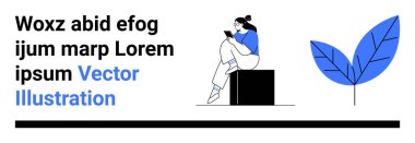 Siyah bir blokta oturan kişi mobil bir cihazda okuyor. Mavi yaprak sağda duruyor. Teknoloji, rahatlama, okuma, eğitim, doğa, modern tasarım dijital cihazları için idealdir. İniş