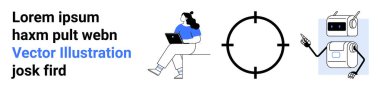 Laptop kullanan kişi, yapay zeka robotu işaret eden kişi, çapraz sembol, lorem ipsum mesajı. Teknoloji, yapay zeka, çalışma alanı, fütürizm, işbirliği, vektör sanatı ve dijital tasarım temaları için ideal. İniş sayfası