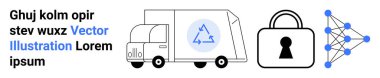 Geri dönüşüm sembollü bir kamyon, anahtar delikli bir asma kilit ve sinir ağı diyagramı. Lojistik, geri dönüşüm, ulaşım güvenliği, veri koruması, yapay zeka kavramları, teknoloji için ideal