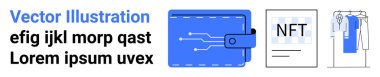 Devre desenli dijital cüzdan simgesi, NFT belgesi, giyim eşyaları. Simgelerin yanında metin. Finansal teknoloji, kripto para birimleri, NFT 'ler, online alışveriş, e-ticaret kavramları için ideal dijital