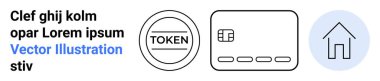Token ikonu, kredi kartı etiketli, daire içinde bir ev. Dijital güvenlik, e-ticaret, finans, emlak, sanal para birimleri teknik arayüzleri ve çevrimiçi ödemeler için ideal. İniş sayfası