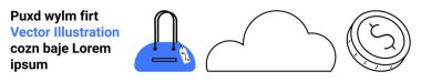 Blue handbag, outlined cloud, and coin with dollar sign. Ideal for e-commerce, cloud storage, financial planning, retail, digital services online transactions and web design. Landing page clipart