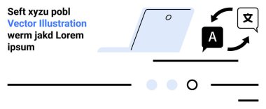 Dil çevirisini gösteren konuşma baloncukları olan dizüstü bilgisayar, yer tutucu içerikli metin. Dil hizmetleri, çeviri platformları, dijital çözümler, modern arayüzler, teknoloji şirketleri için ideal