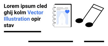 Karışık tipografi, spiral defter, kalp, müzik sembolleri içeren metin. Eğitim, müzik, blog, çevrimiçi kurslar, sunumlar, bilgi grafikleri, sosyal medya için idealdir. İniş sayfası