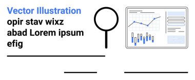 Mavi grafik, bar tablosu, metin blokları ve satırları olan büyüteç ve veri tablosu. Pazar analizi için ideal, iş genel değerlendirmesi, veri incelemesi, mali istatistikler, dijital pazarlama, iş