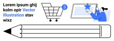 Tebligat simgesi olan alışveriş arabası, dijital tablet ve büyük kalemle etkileşime geçen kişi. Ekommerce, dijital içerik, çevrimiçi alışveriş, yaratıcı tasarım, dijital pazarlama için ideal