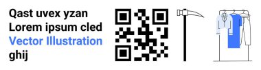 Bir QR kodu, bir tırpan ve bir elbise askısı ekranının yanında metin cümleleri. Uygulamalar, hizmetler, tarım, moda, dijital içerik grafiksel tasarım e-ticaret için idealdir. İniş sayfası