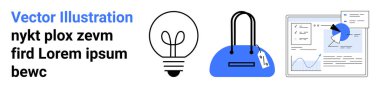 Bir ampulü, üzerinde etiket olan mavi el çantasını ve analitik grafikleri gösteren ekranı gösteren vektör sanatı. İş, e-ticaret, analitik, yenilik, yaratıcılık, sunum alışverişi için ideal