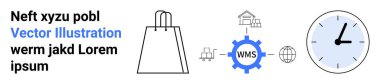 Alışveriş çantası, depo yönetim sistemi WMS teçhizatı, depo ve kamyon ikonları, dünya ve saat. E-ticaret, lojistik, tedarik zinciri, envanter yönetimi zaman verimliliği sevkiyatı için ideal