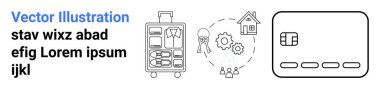 Bavulun ikonaları, evin anahtarları, insanların vitesi ve bir kredi kartı. Seyahat, gayrimenkul, takım çalışması, proje yönetimi yatırım stratejisi için ideal. İniş sayfası