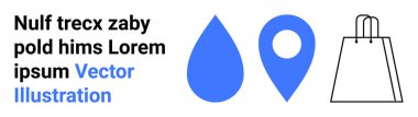 Mavi su damlası, mavi lokasyon iğnesi ve beyaz arka planda siyah alışveriş torbası. E-ticaret, navigasyon, sürdürülebilirlik, perakende, seyahat yönleri ve haritalama için ideal. İniş sayfası