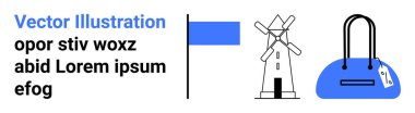 Yel değirmeni, fiyat etiketli el çantası ve dikdörtgen bayrak taşıyıcı metnin yanında. Web tasarımı, e-ticaret, seyahat, markalaşma, pazarlama illüstrasyonları için ideal. İniş sayfası
