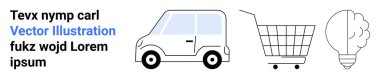 Araba, alışveriş arabası ve ampul modern yaşamı ve yeniliği temsil ediyor. Teknoloji, e-ticaret, otomotiv, yenilik, iş stratejisi, perakende, çevre dostu kavramlar için idealdir. İniş afişi