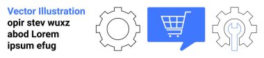 Vites sembolleri, mavi konuşma balonunda alışveriş arabası, yer tutucu metin. E-ticaret, teknik destek, dijital pazarlama, çevrimiçi alışveriş, web geliştirme, kullanıcı arayüzü, müşteri desteği için ideal
