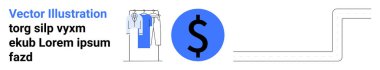 Mavi dolar işaretinin yanında asılı kıyafetlerin asılı olduğu elbise rafı. E-ticaret, çevrimiçi alışveriş, moda perakende, finansal işlemler, dijital pazarlama, fiyat etiketleri ve web sitesi tasarımı için ideal