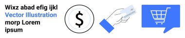 Dolar işareti, kredi kartlı el, alışveriş arabası sembollü konuşma balonu. E-ticaret, çevrimiçi alışveriş, dijital işlemler, finansal uygulamalar, ödeme kapıları, perakende pazarları için ideal