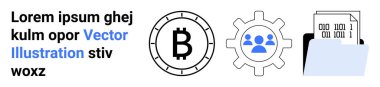 Bitcoin sembolü, ekip üyeleriyle çark, ikili veri içeren klasör. Kripto para birimi, engelleme zinciri, takım işbirliği, veri yönetimi, dijital cüzdanlar, çevrimiçi güvenlik, fintech için ideal. İniş sayfası
