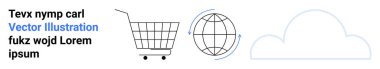 Alışveriş arabası, küre ve bulutun simgelerinden oluşan minimalist bir tasarım. Siyah ve mavi metin. Teknoloji arayüzleri, e-ticaret platformları, küresel hizmetler, bulut hesaplama, dijital