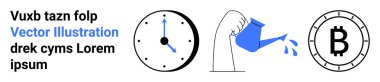 Zaman göstergesi olan bir saat, bir bitkiyi elle sulama ve Bitcoin para sembolü. Zaman yönetimi, yatırım büyümesi, kripto para birimi, mali planlama, üretkenlik, dijital para birimi, ekonomik