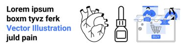 Kalp anatomisi, damla şişesi ve alışveriş arabasıyla ekranda veri analiz eden iki kişi. Tıbbi araştırma, sağlık, e-ticaret, çevrimiçi alışveriş, ürün analizi, veri analizi için ideal