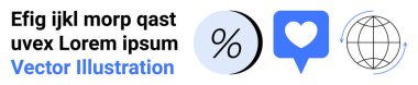 Çemberdeki yüzde sembolü, sohbet balonunun içindeki kalp, oklu dünya, yer tutucu metin. Web tasarımı, bilgi grafikleri, sosyal medya, eğitim, sunumlar, pazarlama, özel dersler için idealdir. İniş