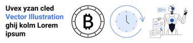 Bitcoin sembolü, saat ve grafikli robot. Kripto para, finans, teknoloji, otomasyon, zaman yönetimi, yenilik ve iş çözümleri için idealdir. İniş sayfası