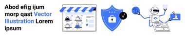 Alışveriş simgeleriyle elektronik ticaret web sitesi arayüzü, kontrol işaretli güvenlik kalkanı ve robot asistan çoklu görev. E-ticaret için ideal, çevrimiçi alışveriş, siber güvenlik, otomasyon, yapay zeka, teknoloji