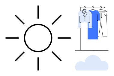 Sıraya dizilmiş kıyafetlerin ve küçük bir bulutun yanında güneş ikonu. Hava durumu, çamaşır bakımı, sürdürülebilirlik, temiz enerji, günlük rutinler, doğal kurutma, yaz aktiviteleri için ideal. Satır metaforu