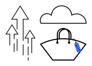 Oklar bir bulutun ve fiyat etiketli bir alışveriş çantasının yanında yukarı doğru işaret ediyor. Çevrimiçi alışveriş, e-ticaret büyümesi, bulut hizmetleri, fiyatlandırma stratejisi, satış eğilimleri, dijital pazarlama, perakende satış için ideal