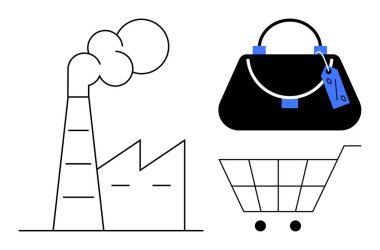 Baca ve bina yayan fabrika, fiyat etiketli çanta ve alışveriş arabası. Üretim, tüketim, ekonomi, perakende, üretim, kirlilik sanayi süreçleri için ideal