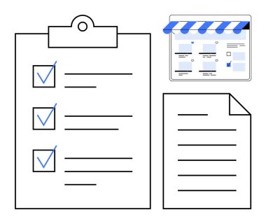 Tamamlanmış üç parça ile kontrol listesi, çizgileri olan sade bir belge, ve mavi çizgili tenteli dijital mağaza önü. Üretkenlik, görev yönetimi, e-ticaret, müşteri hizmetleri için ideal