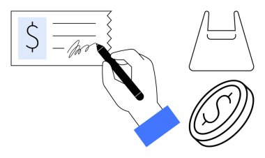 Bir dolar sembollü bir çek imzalamak, yanında bir alışveriş çantası ve bir bozuk para, ödeme süreçlerini, alışveriş, çevrimiçi alışverişleri ve para alışverişlerini temsil ediyor. Finans ve e-ticaret için ideal