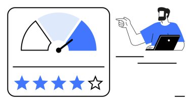 Adam dizüstü bilgisayar kullanırken işaret ediyor, performans göstergesinin yanında ve beş üzerinden dört yıldız. Müşteri geribildirimi, performans analizi, kalite güvencesi, kullanıcı memnuniyeti, derecelendirme sistemi için ideal